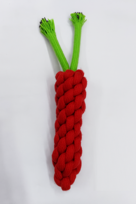 "Durable Braided Carrot-Shaped Rope Toy for Dogs – Maroon & Green Chew